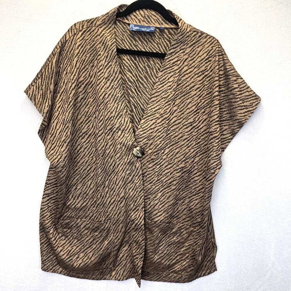 Susan Graver Style Tiger Print Cardigan Womens 1X Brown Dolman Top Short Sleeve